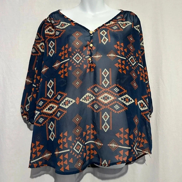 Women's Living doll aztec design 3 button vneck closure 3/4 sleeve blouse, XL - Picture 1 of 5